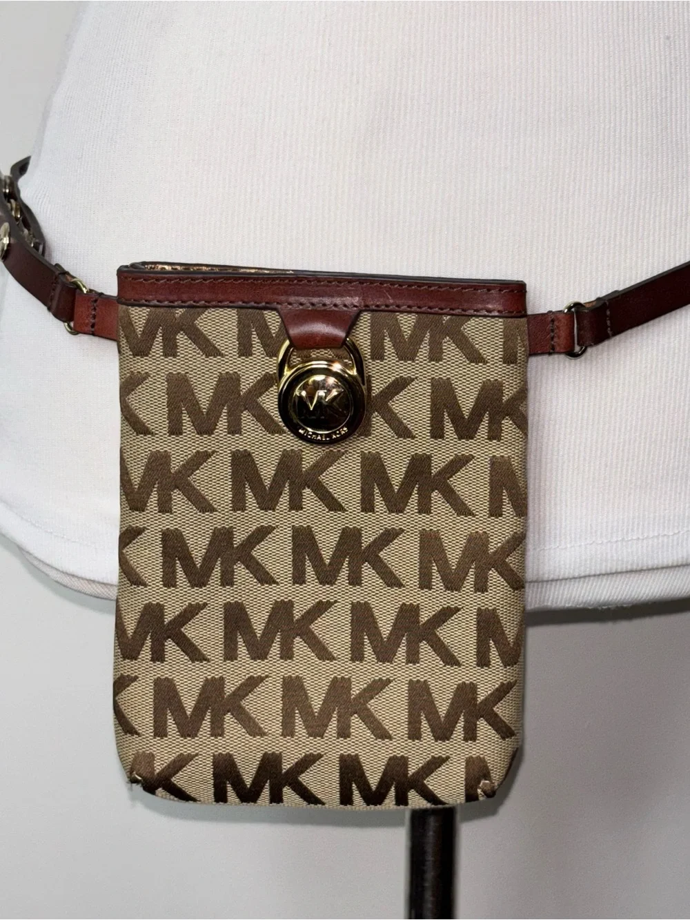 Michael Kors Brown MK Signature Fanny Pack Belt Bag Leather Strap Size M